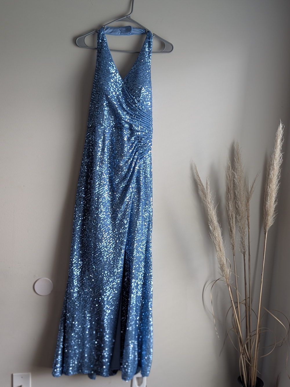 Morgan & Co. Blue Sequin V-Neck Maxi Gown
